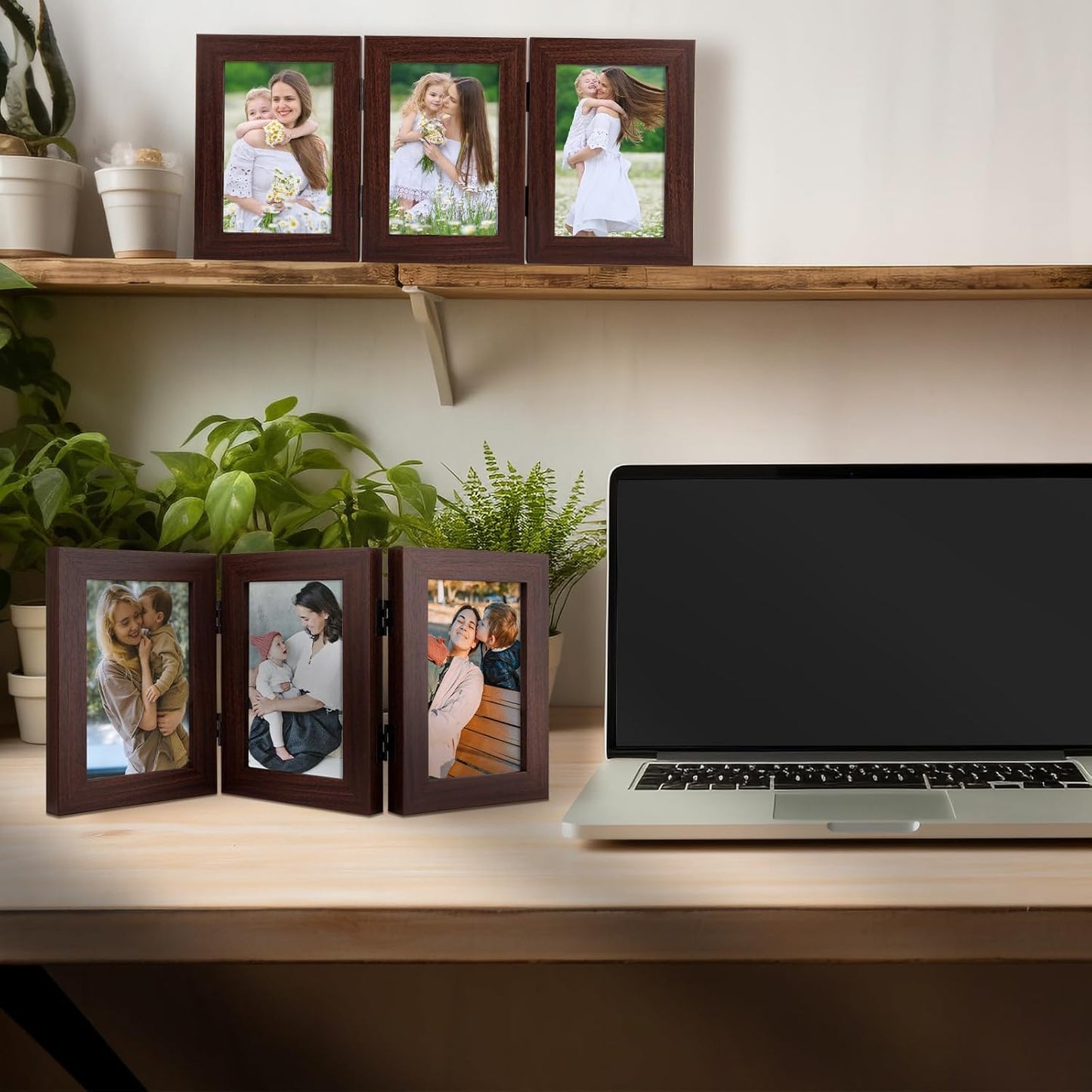 4X6 Three Picture Frame Trifold Hinged Photo Frame with 3 Openings, Desk Top Family Picture Collage, with Real Glass (4X6 Triple, Brown, 2-Pack)