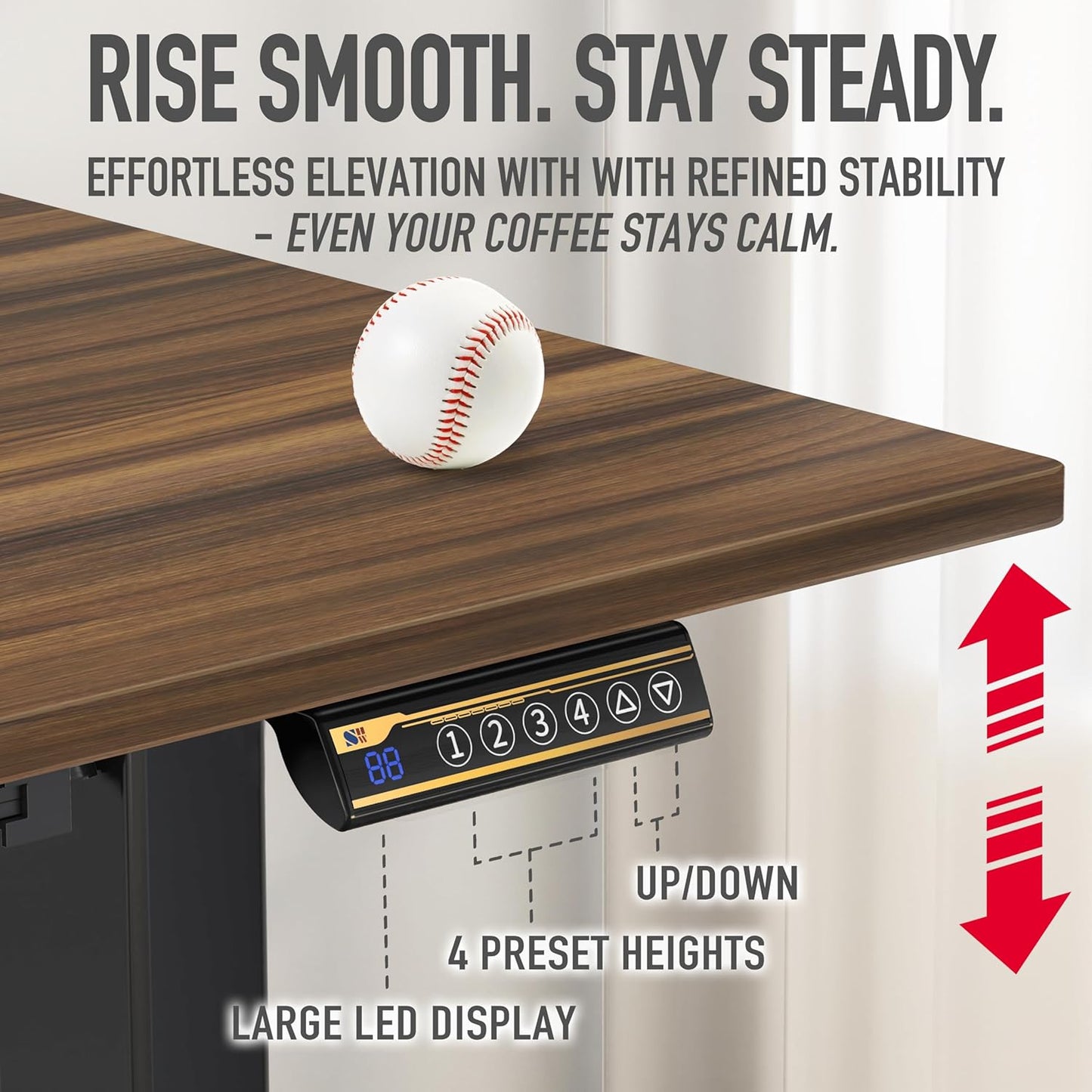 40-Inch Electric Height Adjustable Standing Desk with Drawer, Memory Presets, and Cable Management Tray in Walnut Finish