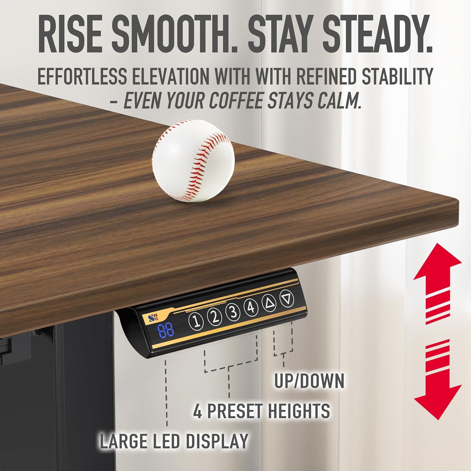 40-Inch Electric Height Adjustable Standing Desk with Drawer, Memory Presets, and Cable Management Tray in Walnut Finish