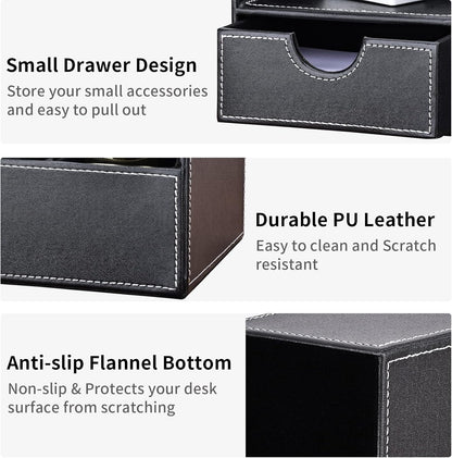 Pu Leather Desk Organizer Pen Pencil Holder Office Supplies Caddy Storage Box 6 Compartments with Drawer Black