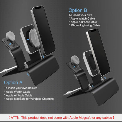 Aluminum Charging Stand for Apple Device 3 in 1 Charger Stand Holder Compatible with Magsafe Charger Iwatch Charger Airpods Pro/2/1 and Iphone Stand Holder(Charger & Cable Required)-Black