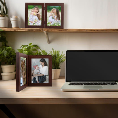 5X7 Double Picture Frame Vertical Hinged Photo Frame 2 Opening Folding Family Frames Collage, with Real Glass (5X7, Brown, 1-Pack)