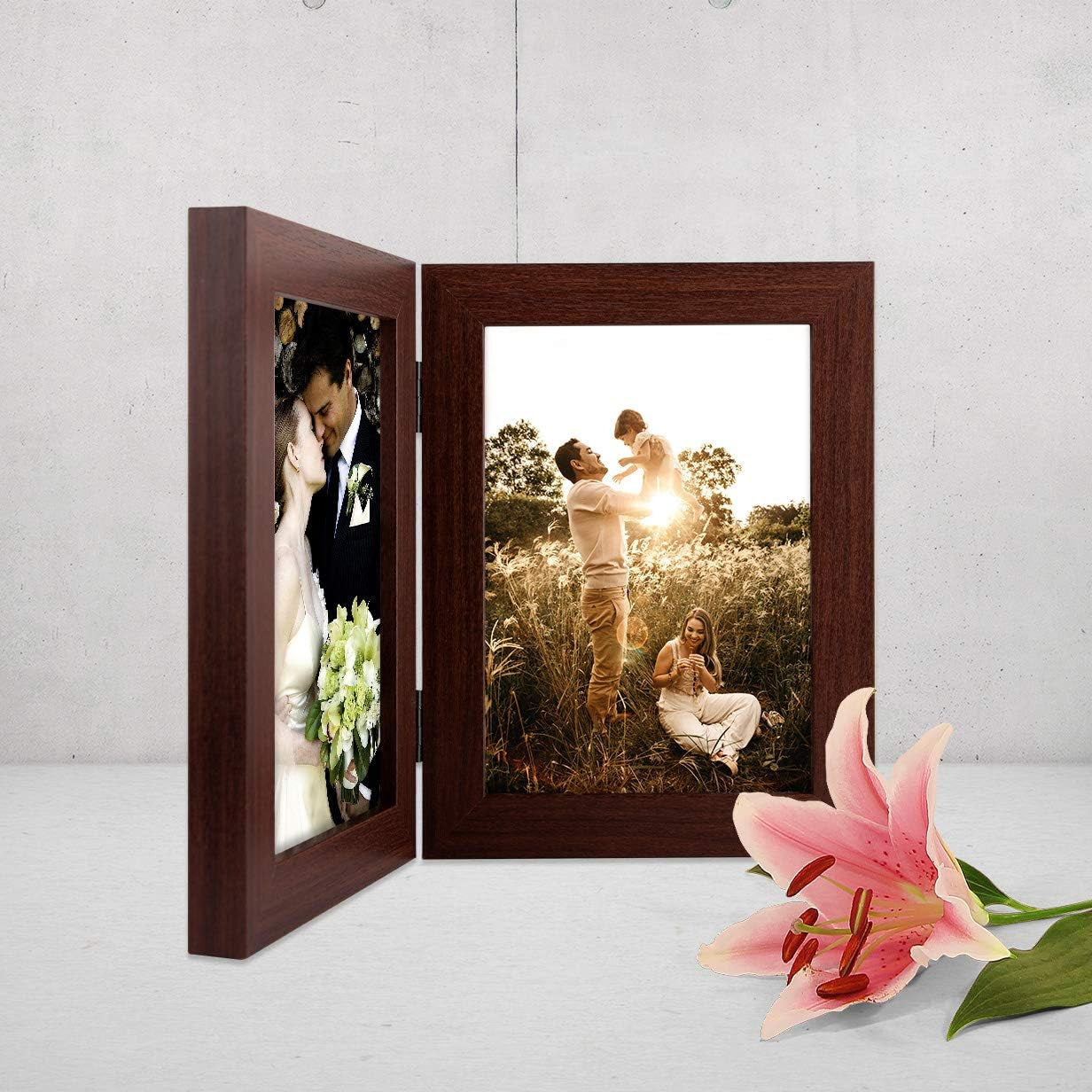 5X7 Double Picture Frame Vertical Hinged Photo Frame 2 Opening Folding Family Frames Collage, with Real Glass (5X7, Brown, 1-Pack)