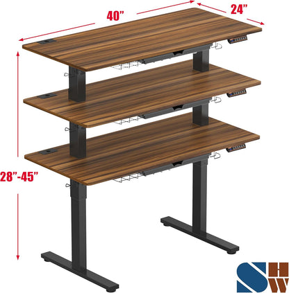 40-Inch Electric Height Adjustable Standing Desk with Drawer, Memory Presets, and Cable Management Tray in Walnut Finish