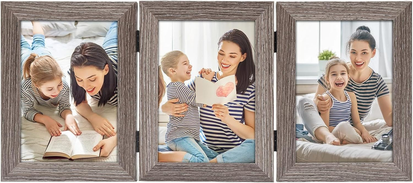 5X7 Triple Hinged Picture Frame, Three Photo Folding Frames, for Wedding Family Pictures Collage (Grey, Triple, 5X7)