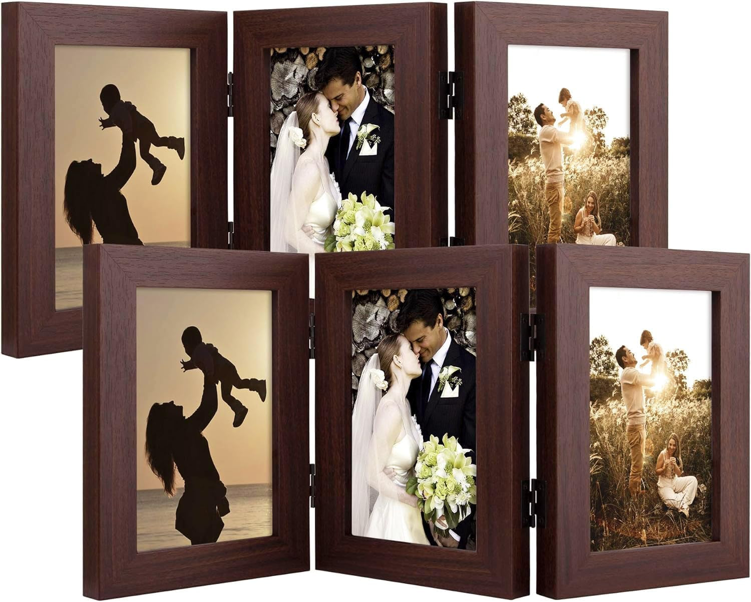 4X6 Three Picture Frame Trifold Hinged Photo Frame with 3 Openings, Desk Top Family Picture Collage, with Real Glass (4X6 Triple, Brown, 2-Pack)