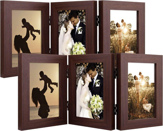 4X6 Three Picture Frame Trifold Hinged Photo Frame with 3 Openings, Desk Top Family Picture Collage, with Real Glass (4X6 Triple, Brown, 2-Pack)