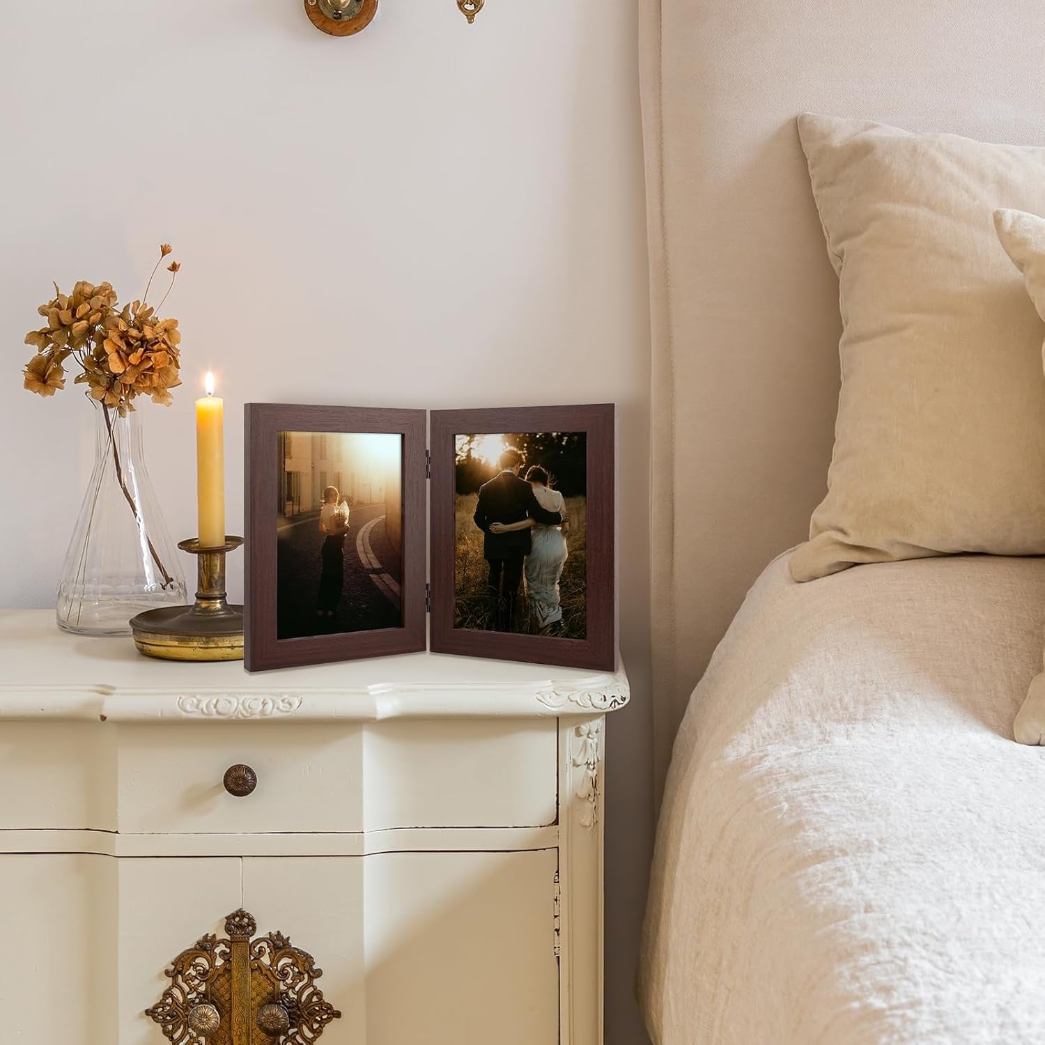 5X7 Double Picture Frame Vertical Hinged Photo Frame 2 Opening Folding Family Frames Collage, with Real Glass (5X7, Brown, 1-Pack)
