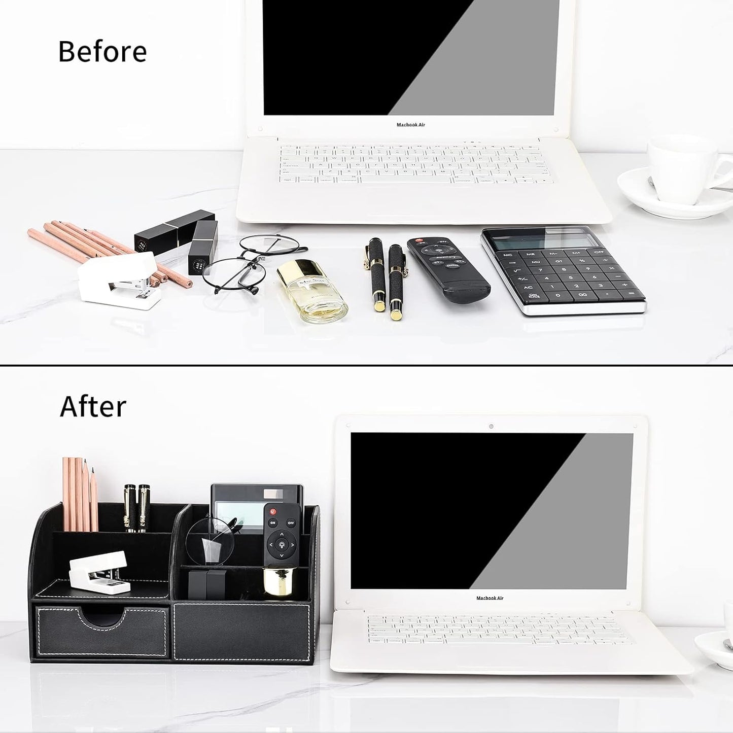 Pu Leather Desk Organizer Pen Pencil Holder Office Supplies Caddy Storage Box 6 Compartments with Drawer Black