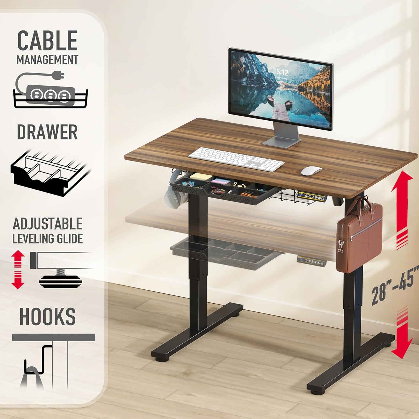 40-Inch Electric Height Adjustable Standing Desk with Drawer, Memory Presets, and Cable Management Tray in Walnut Finish