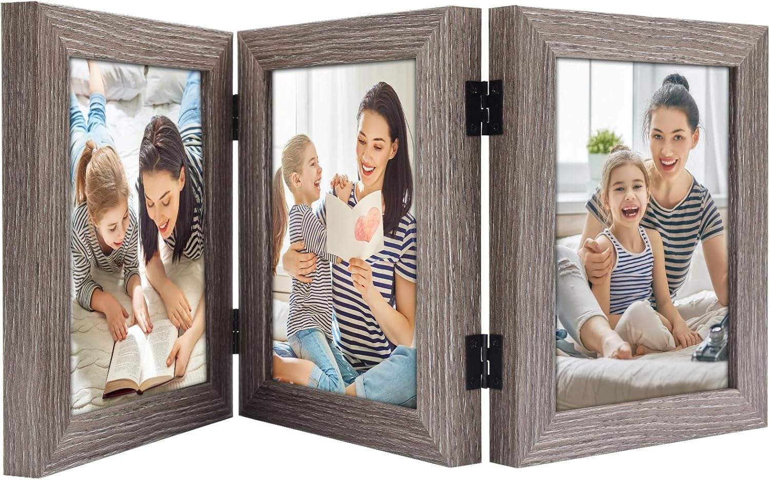 5X7 Triple Hinged Picture Frame, Three Photo Folding Frames, for Wedding Family Pictures Collage (Grey, Triple, 5X7)