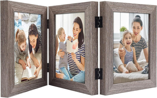 5X7 Triple Hinged Picture Frame, Three Photo Folding Frames, for Wedding Family Pictures Collage (Grey, Triple, 5X7)