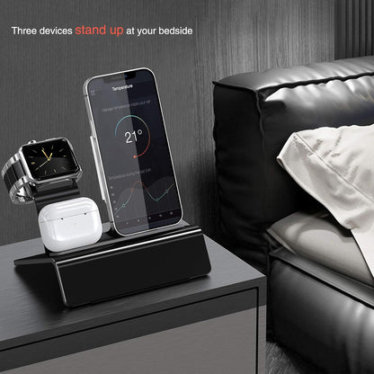 Aluminum Charging Stand for Apple Device 3 in 1 Charger Stand Holder Compatible with Magsafe Charger Iwatch Charger Airpods Pro/2/1 and Iphone Stand Holder(Charger & Cable Required)-Black