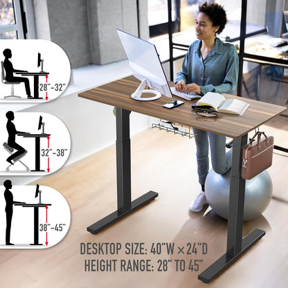 40-Inch Electric Height Adjustable Standing Desk with Drawer, Memory Presets, and Cable Management Tray in Walnut Finish