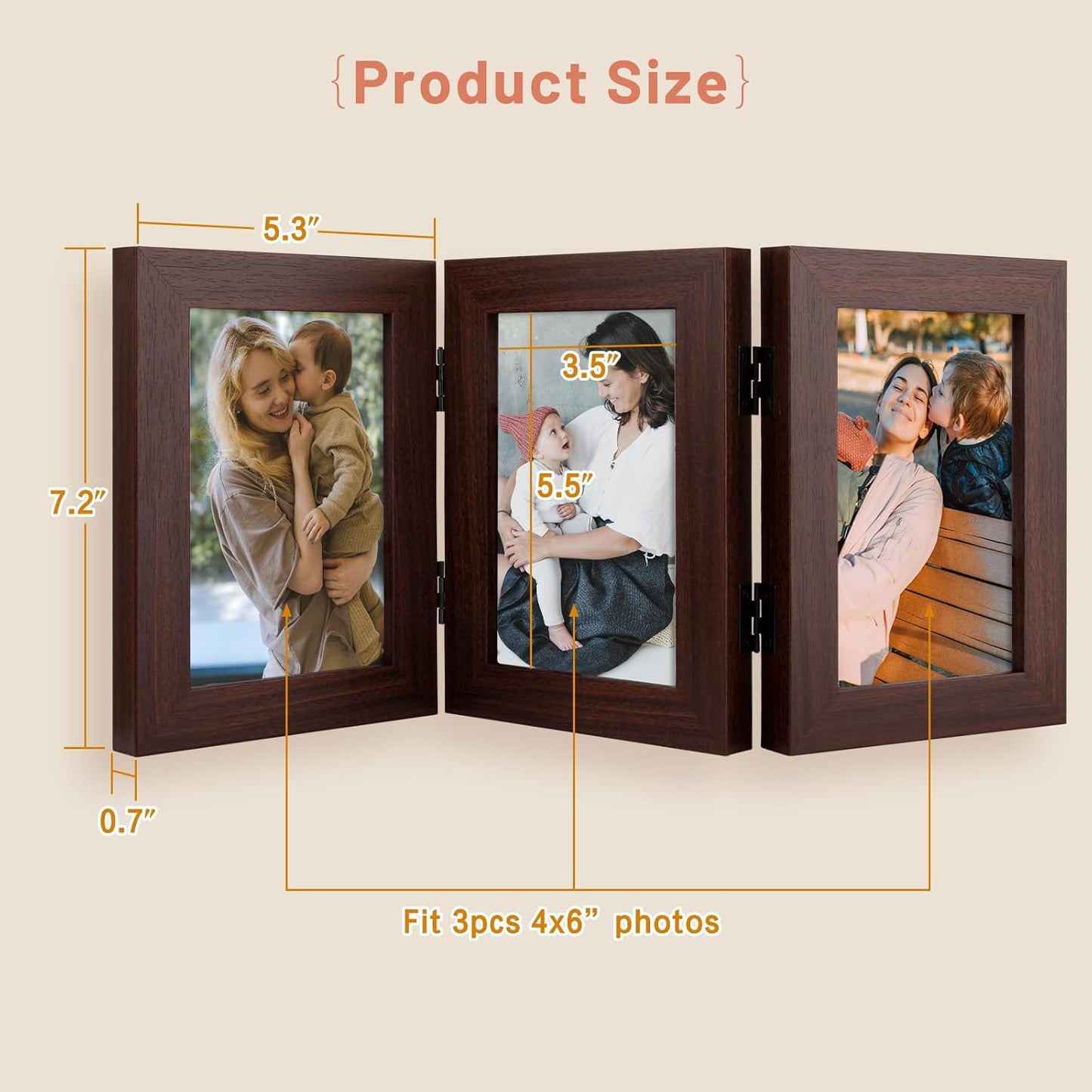 4X6 Three Picture Frame Trifold Hinged Photo Frame with 3 Openings, Desk Top Family Picture Collage, with Real Glass (4X6 Triple, Brown, 2-Pack)