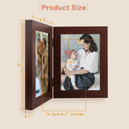 5X7 Double Picture Frame Vertical Hinged Photo Frame 2 Opening Folding Family Frames Collage, with Real Glass (5X7, Brown, 1-Pack)