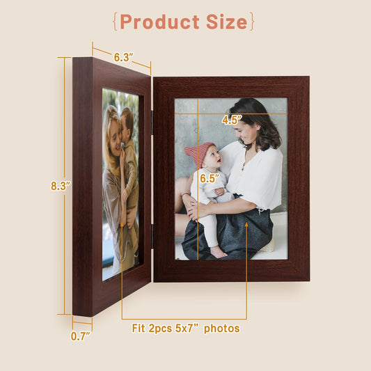 5X7 Double Picture Frame Vertical Hinged Photo Frame 2 Opening Folding Family Frames Collage, with Real Glass (5X7, Brown, 1-Pack)