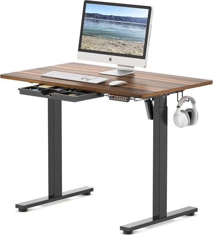 40-Inch Electric Height Adjustable Standing Desk with Drawer, Memory Presets, and Cable Management Tray in Walnut Finish