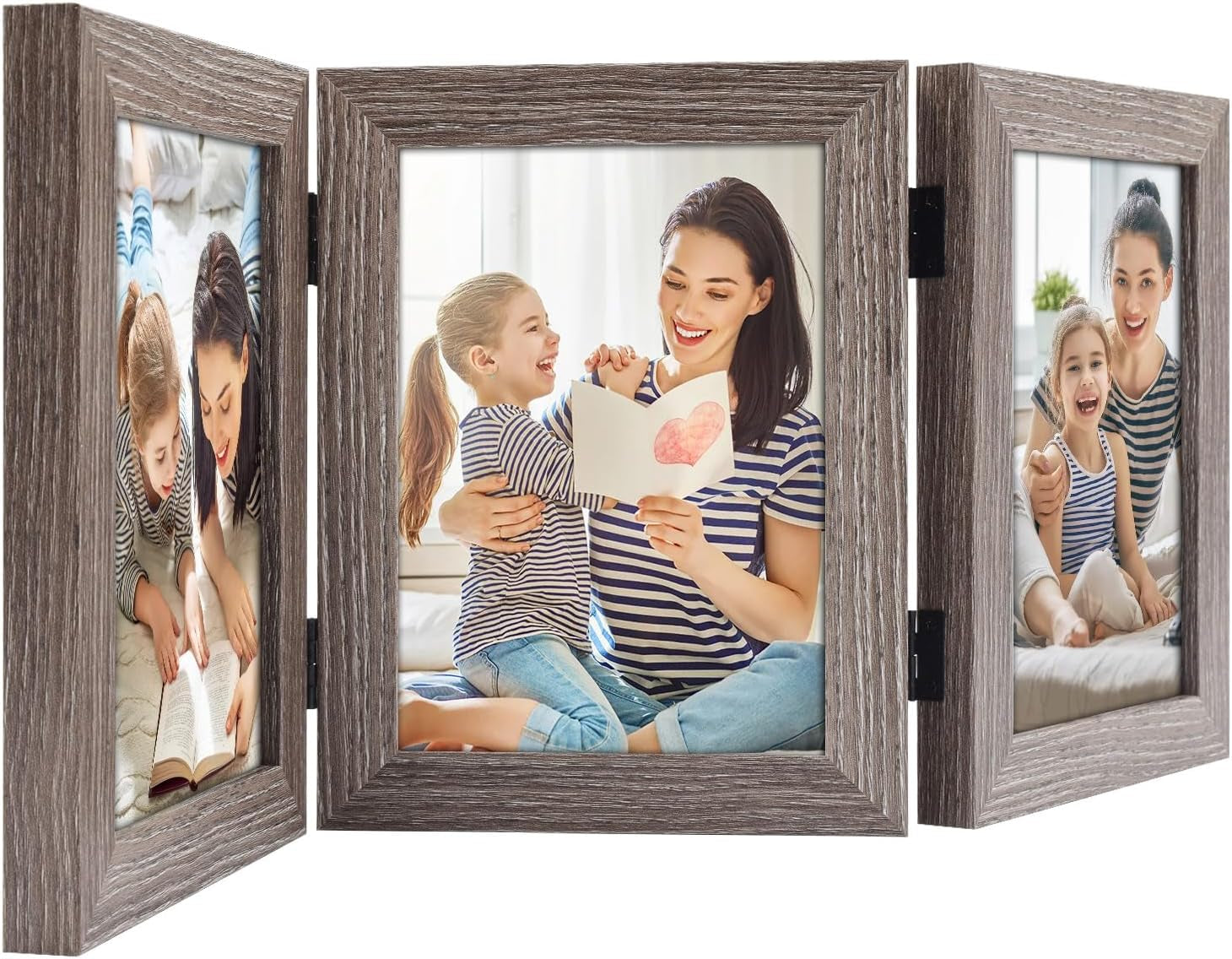 5X7 Triple Hinged Picture Frame, Three Photo Folding Frames, for Wedding Family Pictures Collage (Grey, Triple, 5X7)