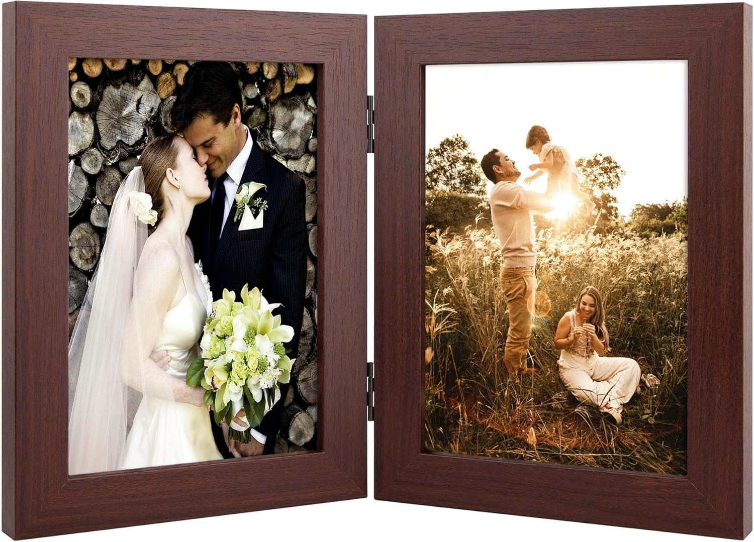5X7 Double Picture Frame Vertical Hinged Photo Frame 2 Opening Folding Family Frames Collage, with Real Glass (5X7, Brown, 1-Pack)