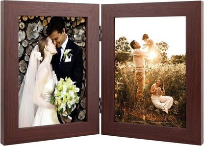 5X7 Double Picture Frame Vertical Hinged Photo Frame 2 Opening Folding Family Frames Collage, with Real Glass (5X7, Brown, 1-Pack)